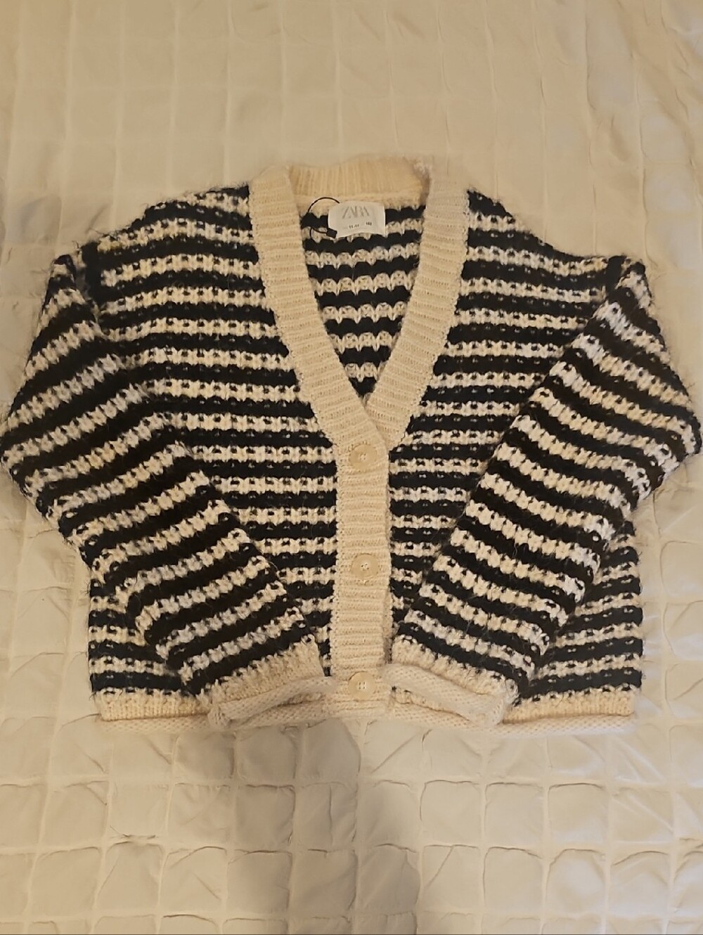 Zara Black and Cream Striped Button-Up Cardigan - Youth Sz 11-12